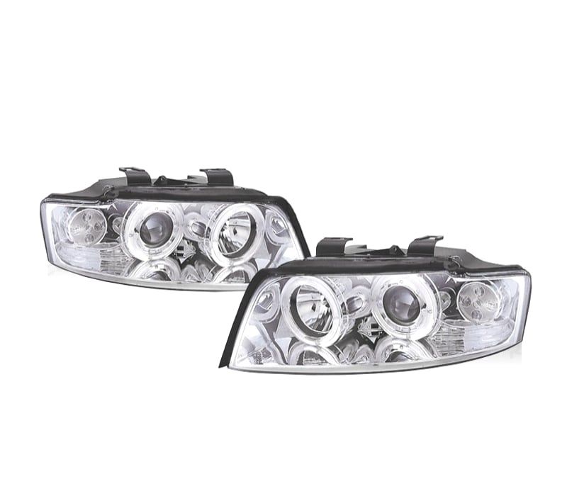 FARÓIS ANGEL EYES AUDI A4 B6 00-04 FUNDO CROMADO