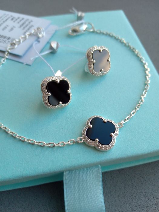 Серебряные серьги пусеты Ван Клиф Van Cleef гвоздики черные оникс каму