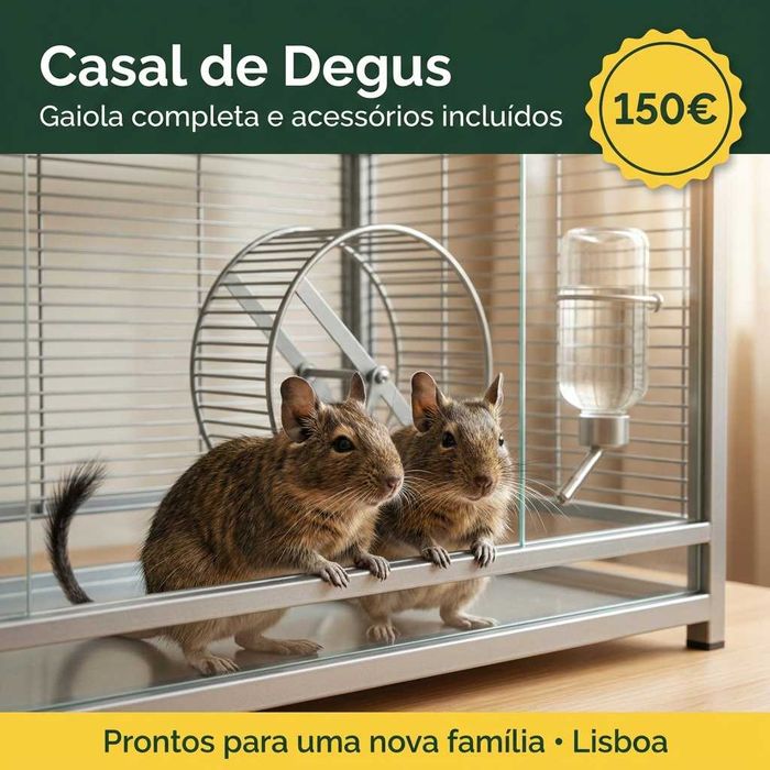 Casal de Degus + Gaiola Completa e Acessórios, 150€