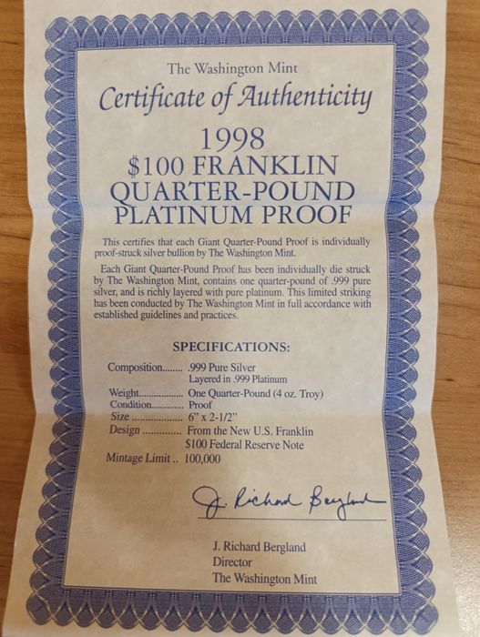 СРІБНА пластина вкрита Платиною! 100$ США ФРАНКЛІН!1998р. ПРУФ. СРІБЛО