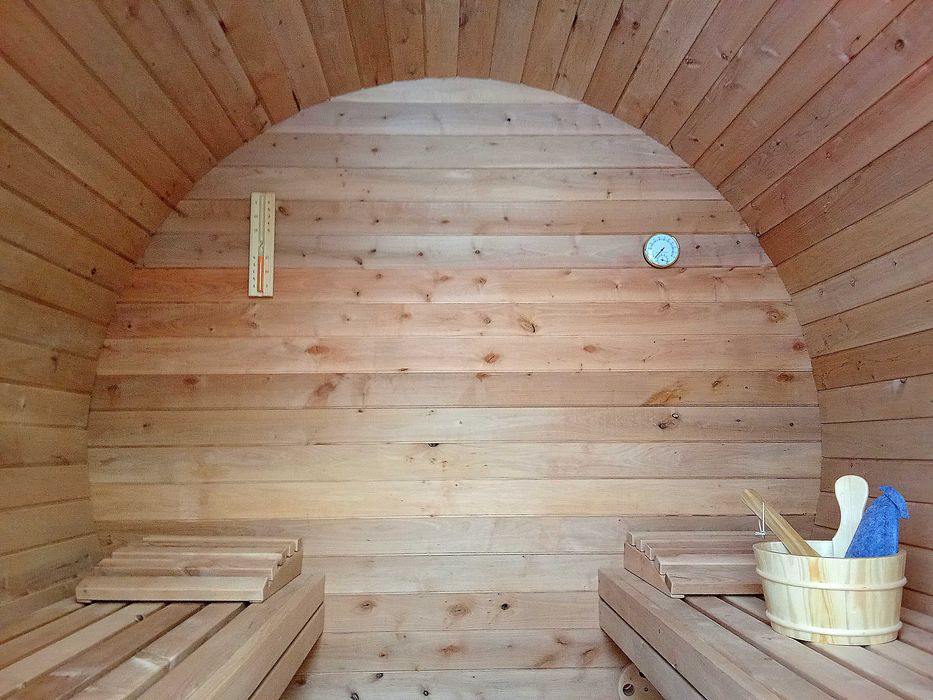 Sauna ogrodowa beczka, okrągła, z drewna olchowego, 240x215 cm