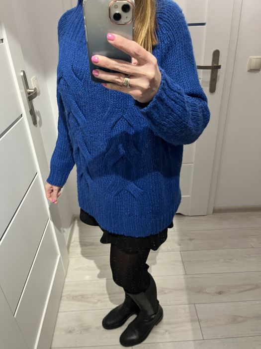 Sweter gruby Diverse niebieski sploty warkocze rozmiar M 38 40