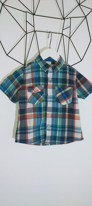 Koszula elegancka krótki rękaw kolorowa w kratę 92 98 niebieska zielon