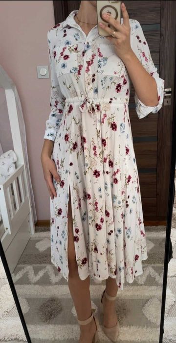 Mohito biała koszulowa sukienka MIDI w kwiaty wiskoza L