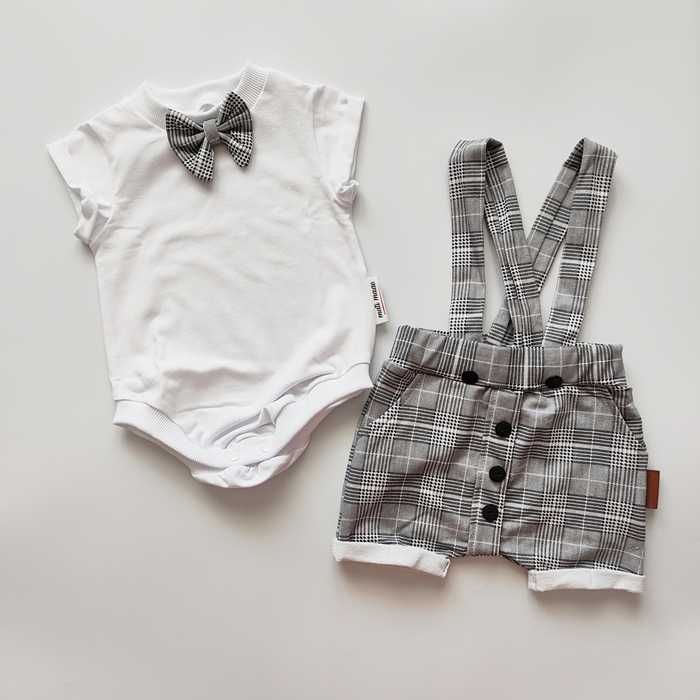 Modny SZARY GARNITUR, elegancki letni ZESTAW mucha, komplet chrzest 68