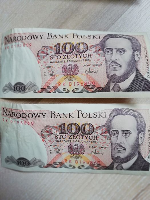 Banknoty 100,- zł z 1988 roku, kolejne numery.
