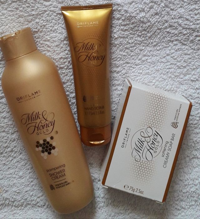 Kremowy żel pod prysznic,  mydło, scrub milk&hondy Gold Oriflame