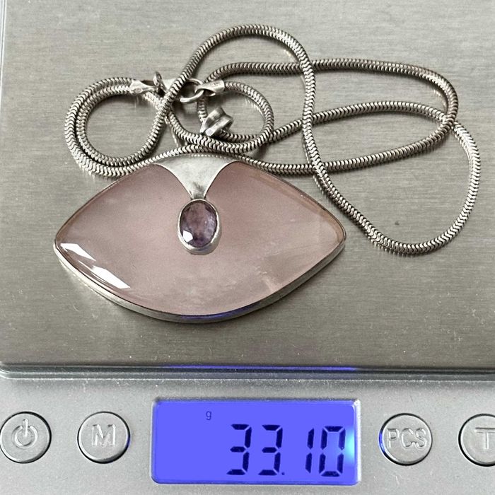 Srebrny naszyjnik z Różowym Kwarcem i Ametystem ok. 1970r. próby 925