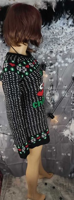 Sweter damski ciepły świąteczny czarny we wzory, Nille XL