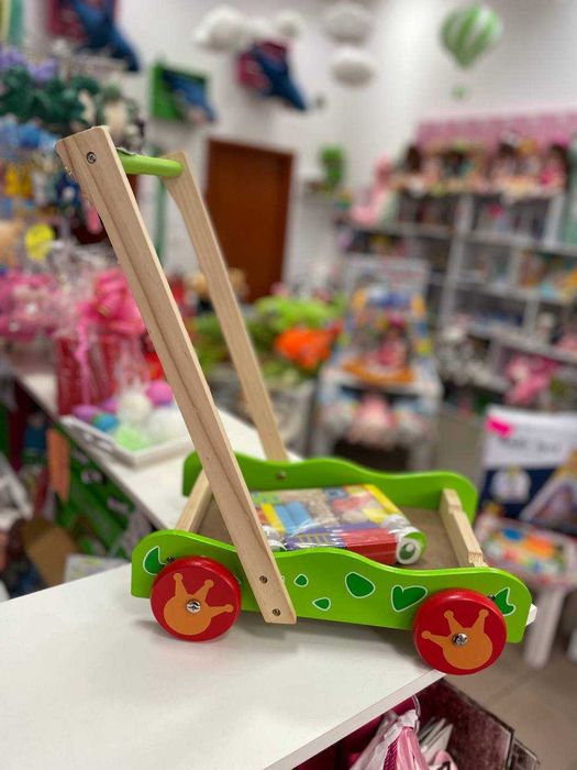Drewniany Pchacz, chodzik, wózek z klockami