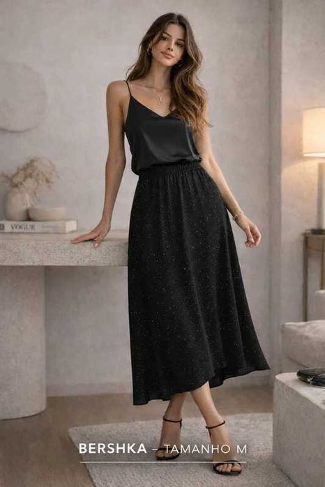Saia midi preta com strass da Bershka (tamanho M)