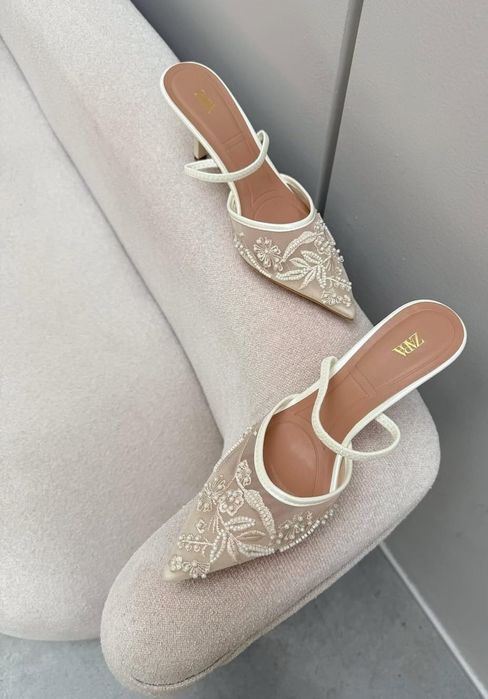 Туфлі лодочки човники білі Zara з вишивкою слінгбеки Zara з вишивкою