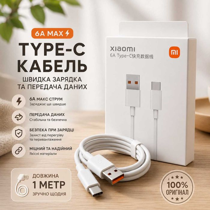 Оригінальний кабель Xiaomi Type-C 6A 1м | Швидка зарядка Turbo Charge | Для Redmi POCO Xiaomi