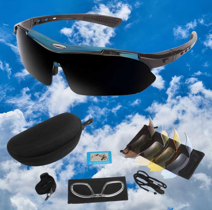 Солнцезащитные очки тактические Oakley черные с синим ободком 5 линз