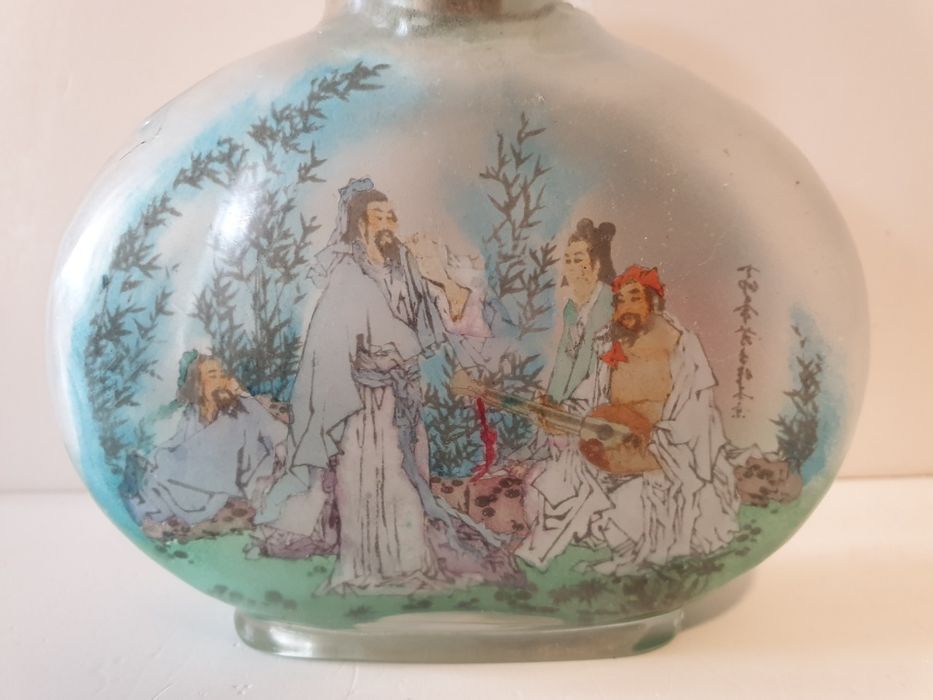 Snuff bottle-frasco de rapé asiático em vidro com pintura reversa