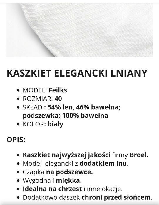 Elegancki kaszkiet/czapka do chrztu/na chrzest/biała/broel/len/r.40