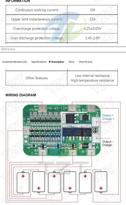 BMS 6S 24V 14A Proteção Bateria 18650