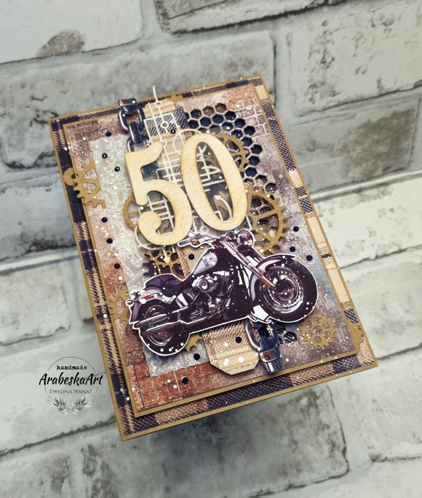 Kartka urodzinowa z motocyklem na 50tkę dla faceta. Handmade