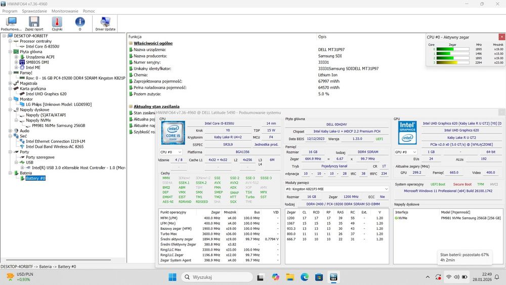 OKAZJA Solidny Dell Latitude 5490 i5 8350u 16GB DDR4 NVMe bat5h Win11