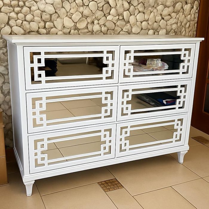 Duża komoda lustrzana Glamour, biała 6 szuflad 120cm