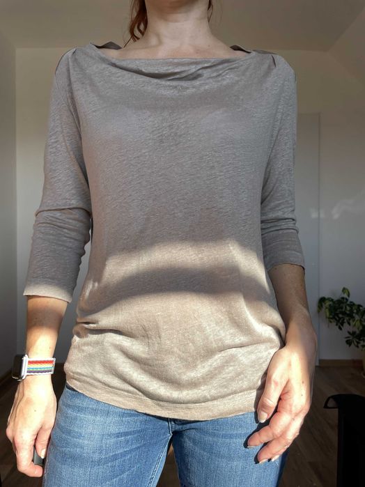 Beżowa bluzka ze złotą nitką rękaw 3/4 M 38 len wiskoza