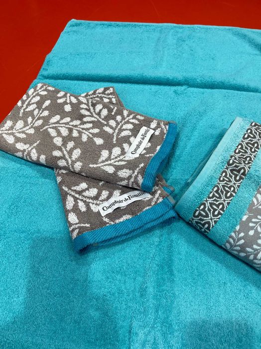 Conjunto de 4 toalhas de banho, azuis e cinzentas, 100% algodão