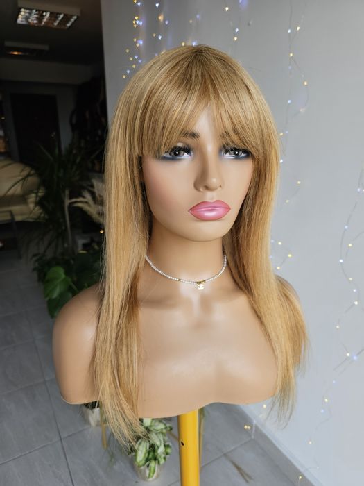 Długa peruka z włosów naturalnych z grzywką słoneczny blond Sofi