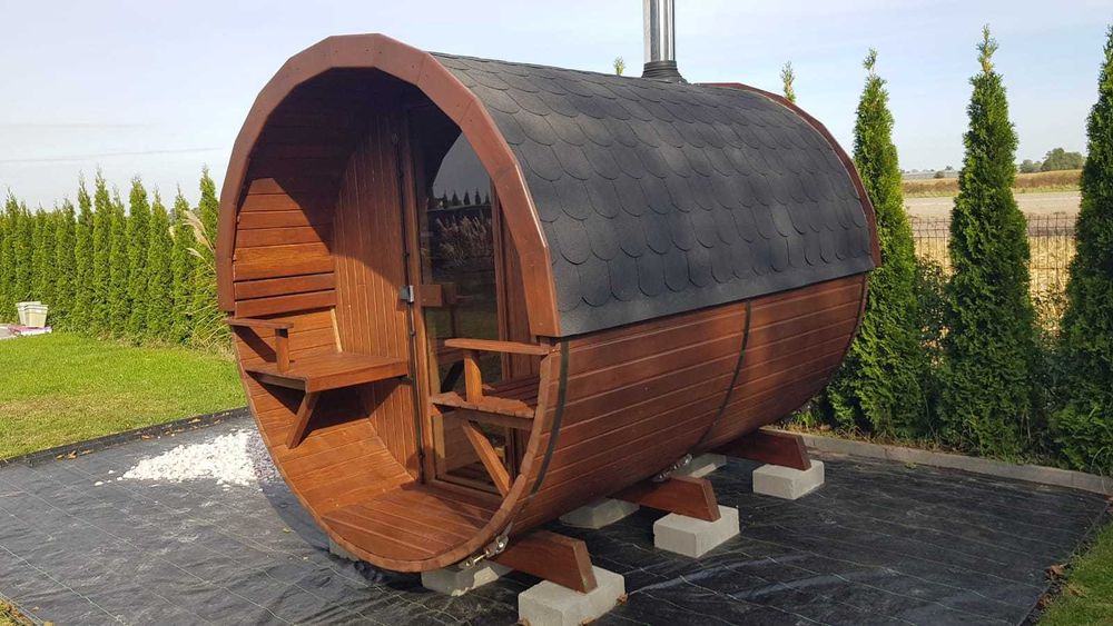 Sauna ogrodowa drewniana z tarasem beczka piec drewno 2,5m szyba 50%