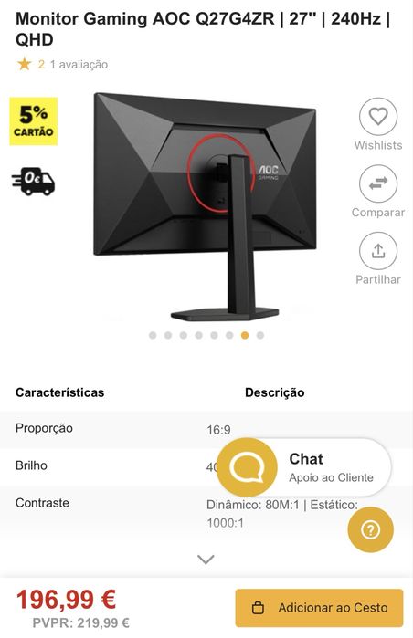 monitor aoc  Q27G4ZR  27 “ QHD polegadas 260hz