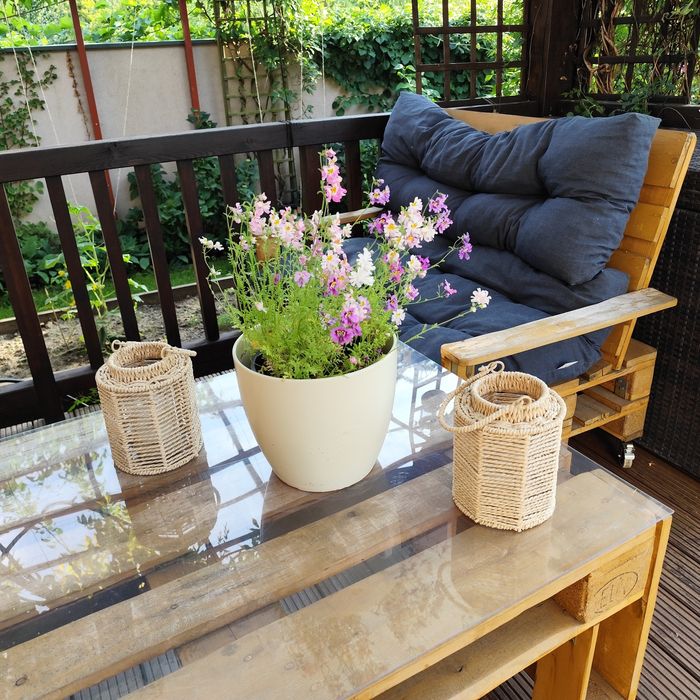 Komplet mebli ogrodowych z palet EURO na kółkach z poduszkami