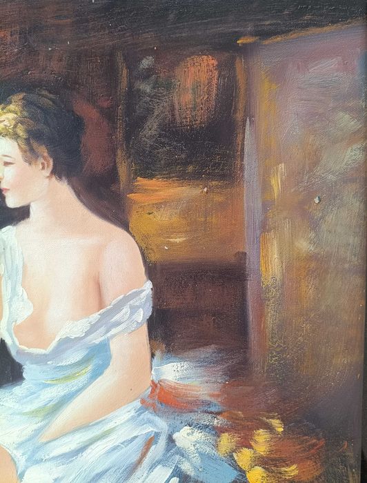 Pintura Original Certificada - Óleo sobre Tela de L. Woods - Retrato Feminino 60x50