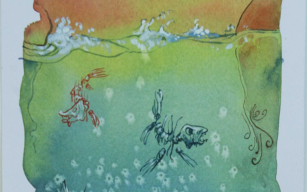 Aguarela original de Carlos Marques. Fantasia, surreal, Naufrágio