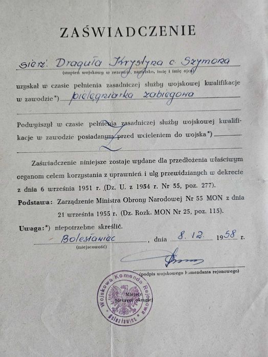Stary dokument zaświadczenie pielęgniarka zabiegowa 1958r