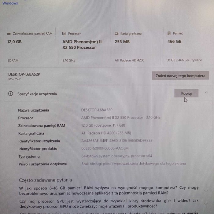 Komputer AMD Phenom X2 550 2x3,1GHz 12GB RAM 500GB HDD Windows10 Komp3