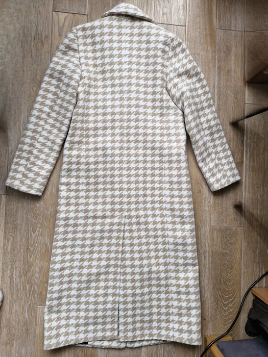 Пальто пряме в гусячу лапку бежеве Romashka розмір S з шерстю