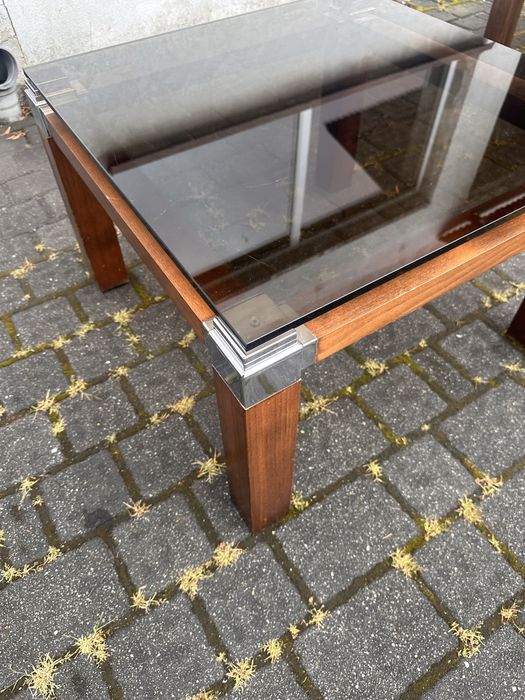 Stolik kawowy ze szklanym blatem mid century w stylu Pierre Vandel