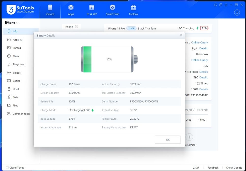 Oryginalna Bateria Apple Iphone 15 Pro 100% 162 Cykle Ory. Bms