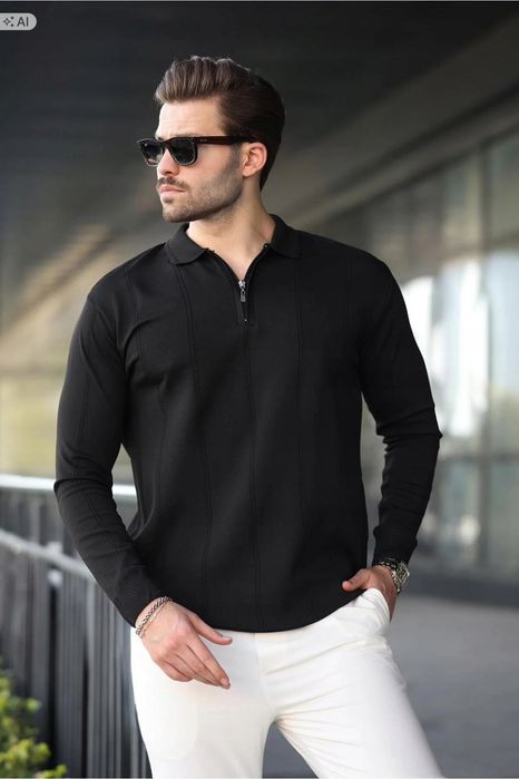 Czarny sweter męski pleciony z zamkiem elegancki xl 5ia