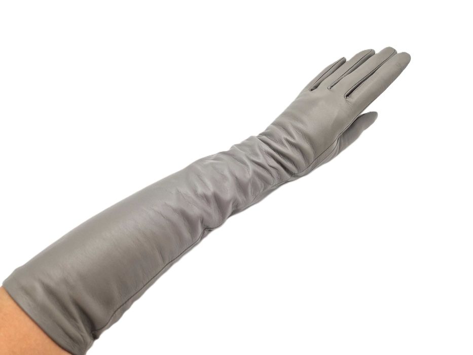 Длинные кожаные серые перчатки довгі сірі рукавички