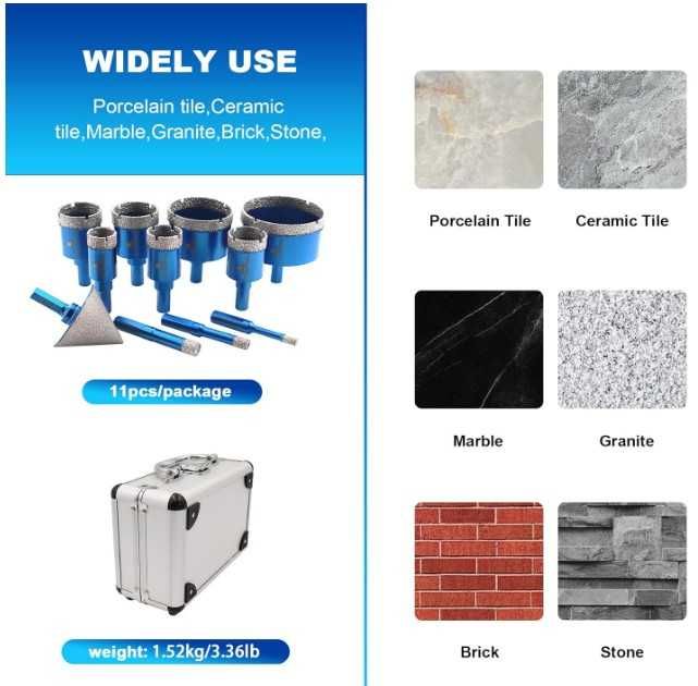 Otwornice diamentowe do gresu 11 elementów BRSCHNITT + walizka