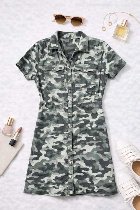 Krótka sukienka midi moro khaki zielona wzorzysta bawełniana M 38