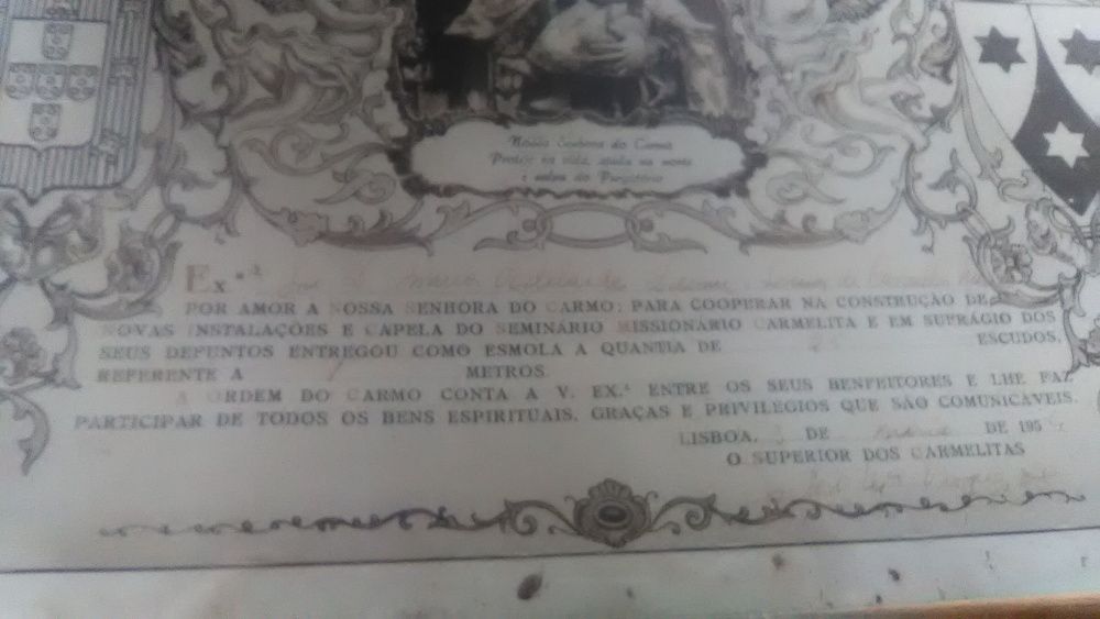 Antiguidade Quadro com Certificado Donativo Carmelitas