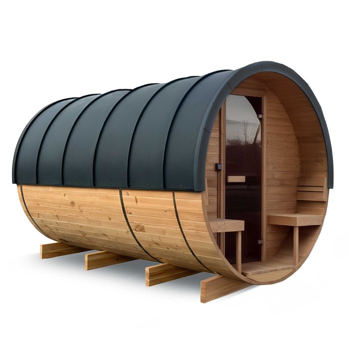 Drewniana sauna beczka XL Docieplona, dach pokryty aluminium 8-10 osób