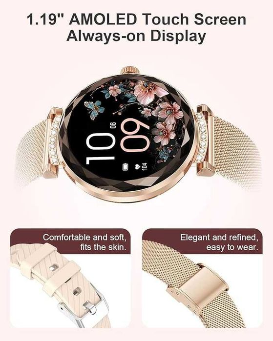 Damski smartwatch z połączeniem Bluetooth, 1,19" AMOLED, 2 bransoletki