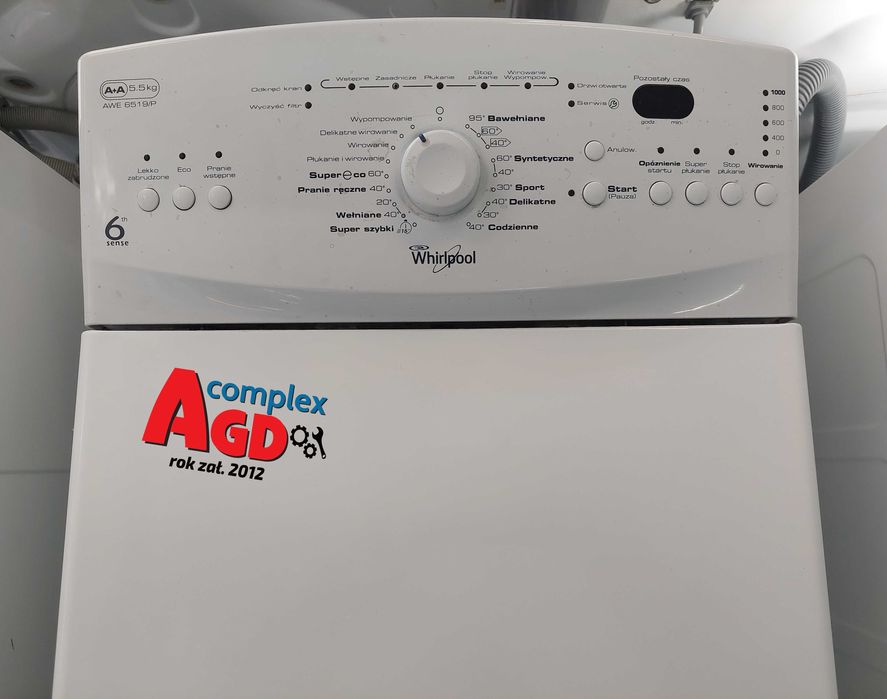 ROK GWARANCJA Pralka ładowana od góry Whirlpool AWE 6519/P 6-ty Zmysł 5,5 kg 1000 obr. Wyświetlacz LED  Program SZYBKI 15 min. Dowóz w dniu zakupu!