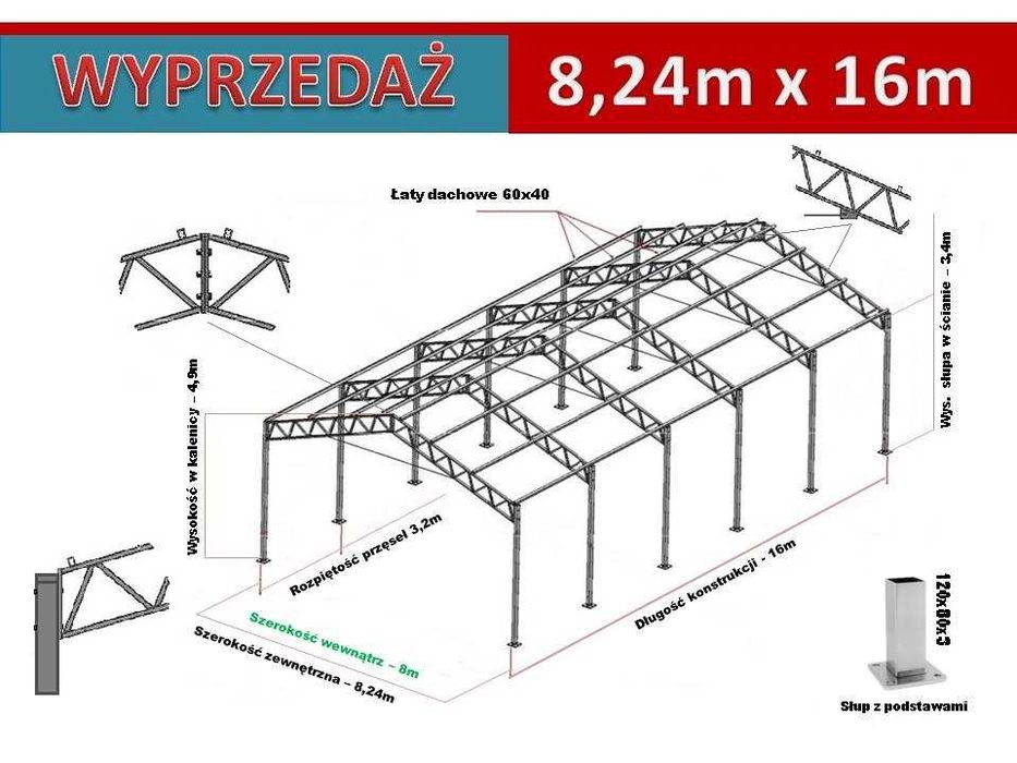 KONSTRUKCJA WIATA OCYNKOWANA 8x16 Garaż Magazyn Hala Rolna Blaszak