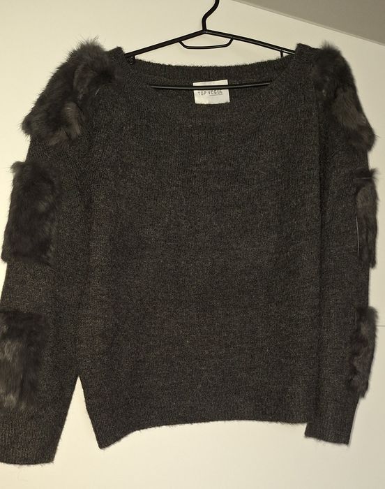 Sweter wełna naturalne futro L XL