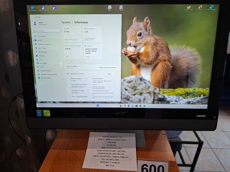 Komputer z Monitorem Acer AiO I5 SSD Windows 11