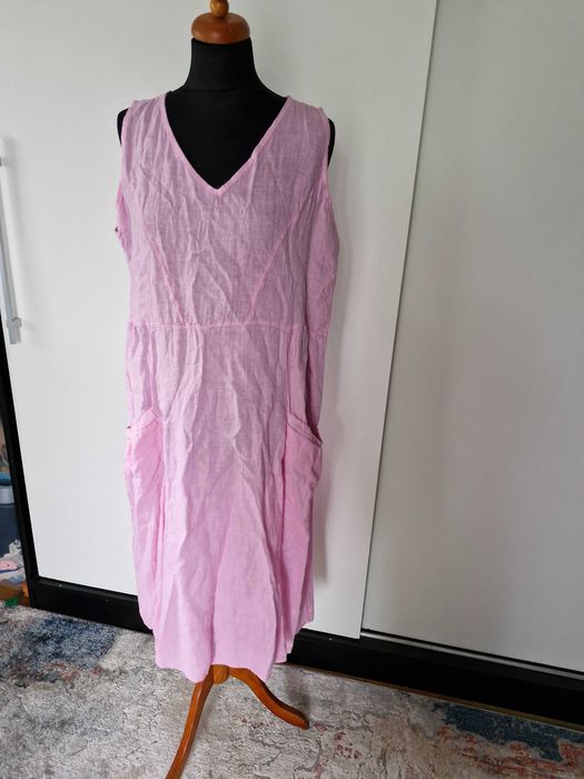 Piękna różowa sukienka bez rękawów oversize 100% len