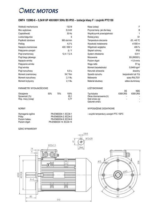 silnik elektryczny 5,5kW 900obr. 3fazowy 132B5 OMT